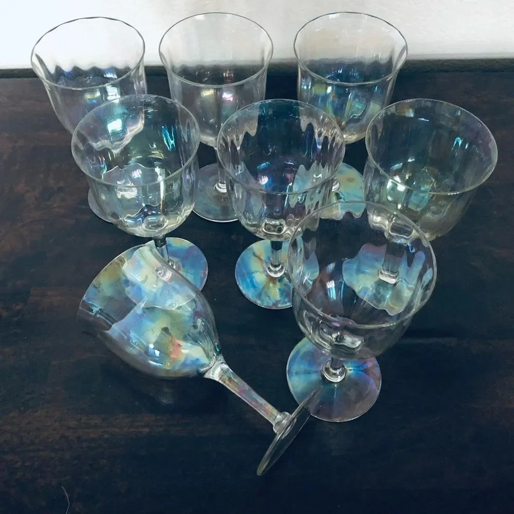 Vintage Fostoria Mother of Pearl Iridescent Wine Glasses Goblets 10-pc Set